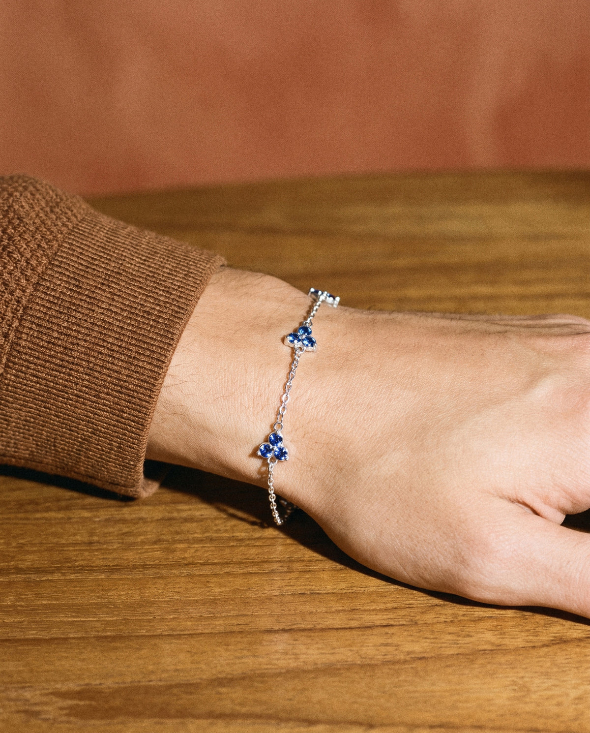 Blue Clover Bracelet (Silver), worn