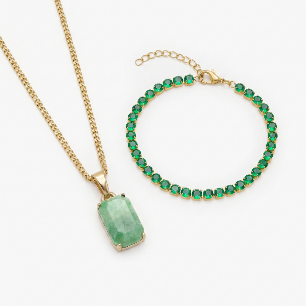 Aurora X Tennis Green Set in gold — Aurora pendant and Tennis Green bracelet