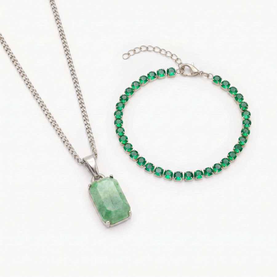 Aurora X Tennis Green Set in silver — Aurora pendant and Tennis Green bracelet