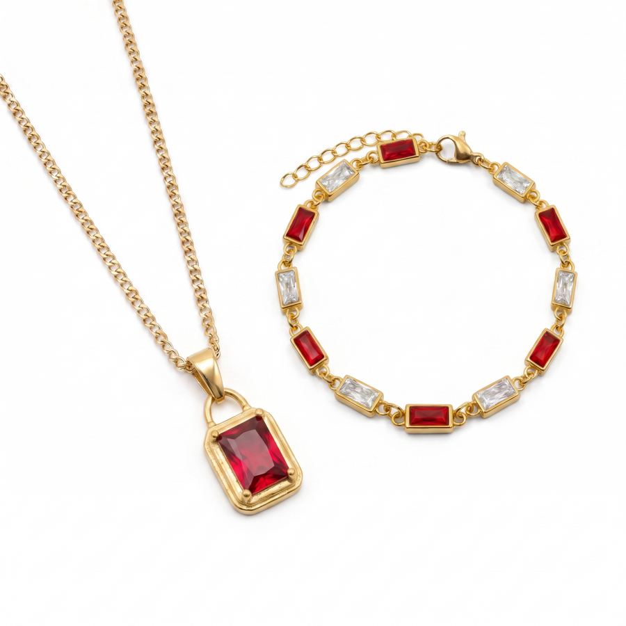 Ember Set in gold — Ember pendant with red zircon stone and Ember bracelet