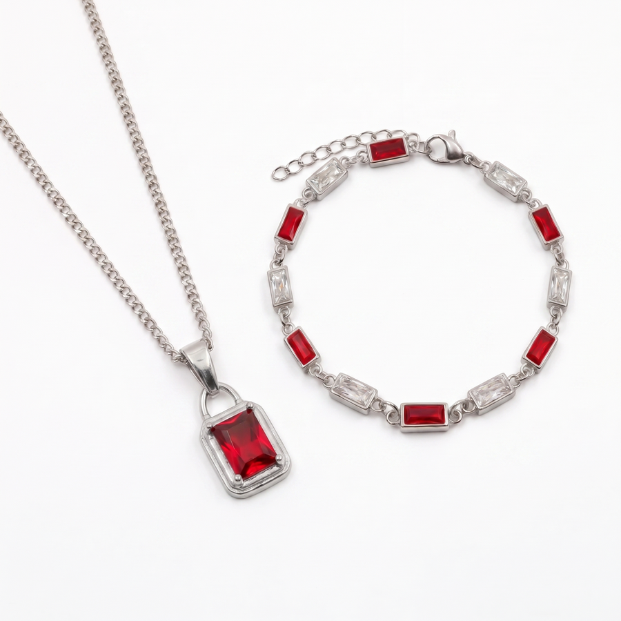 Ember Set in silver — Ember pendant with red zircon stone and Ember bracelet