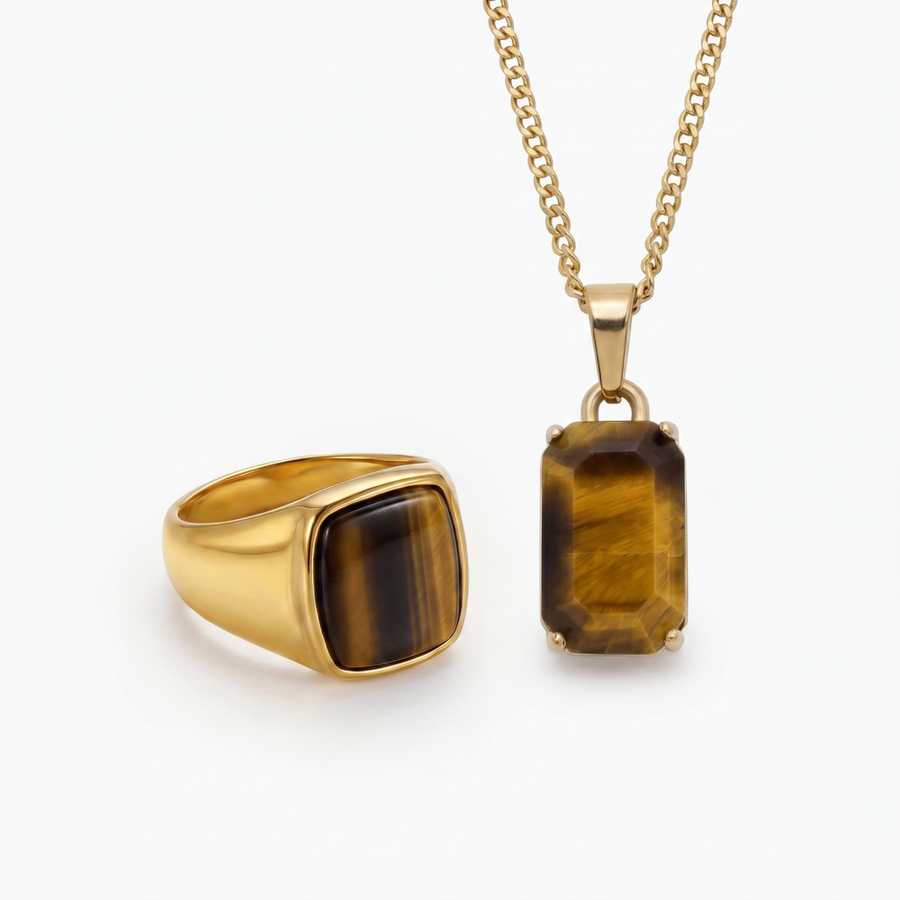 Horizon X Tiger’s Eye Set in gold — Horizon pendant and Tiger’s Eye signet ring