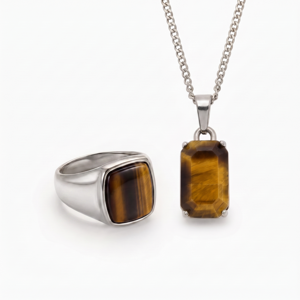 Horizon X Tiger’s Eye Set in silver — Horizon pendant and Tiger’s Eye signet ring