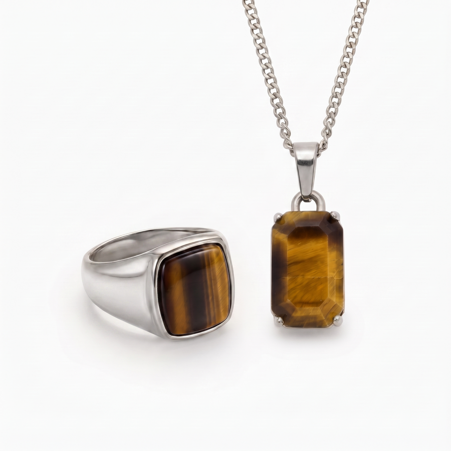Horizon X Tiger’s Eye Set in silver — Horizon pendant and Tiger’s Eye signet ring