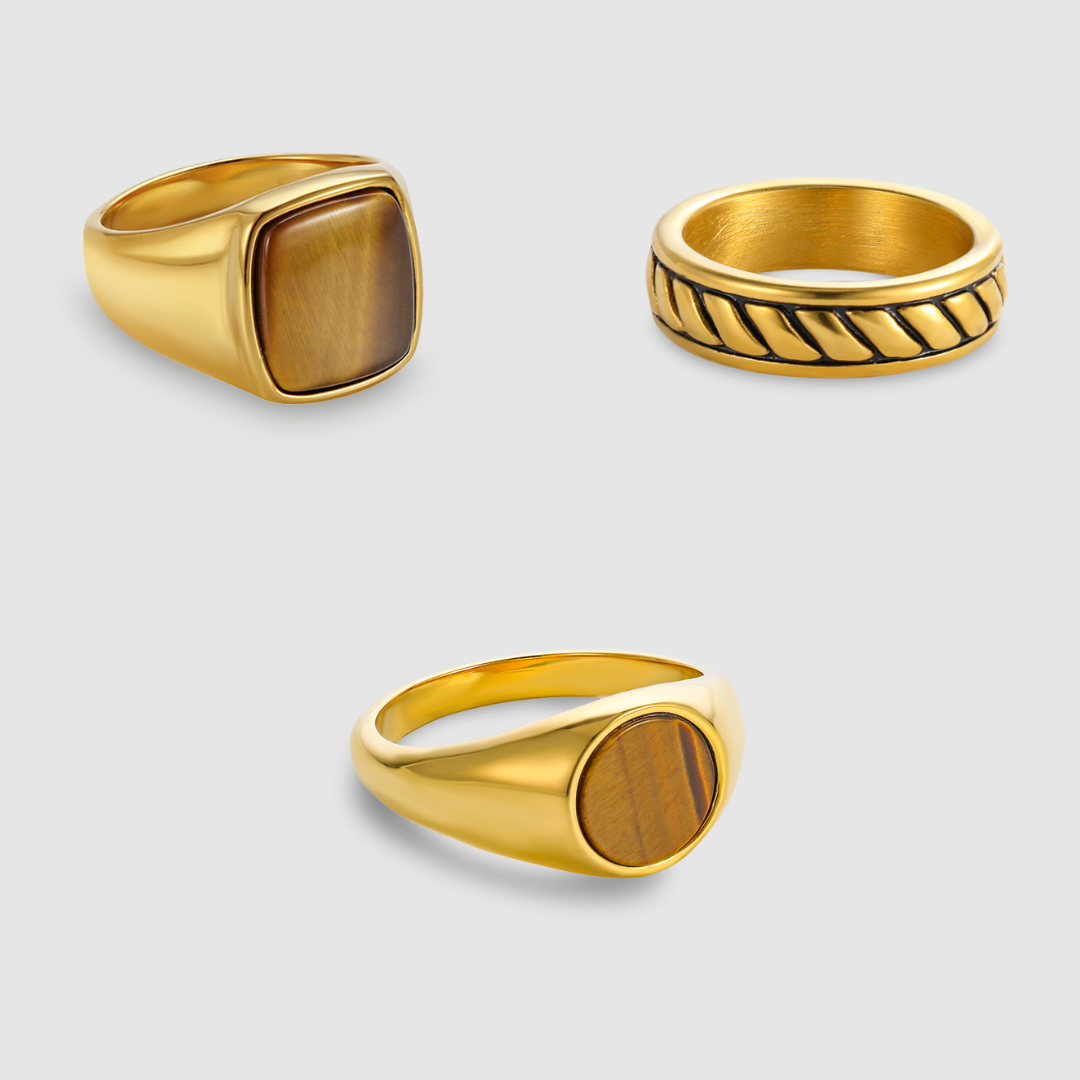 Rope x Oval x King Tiger&#39;s Eye Ring Stack