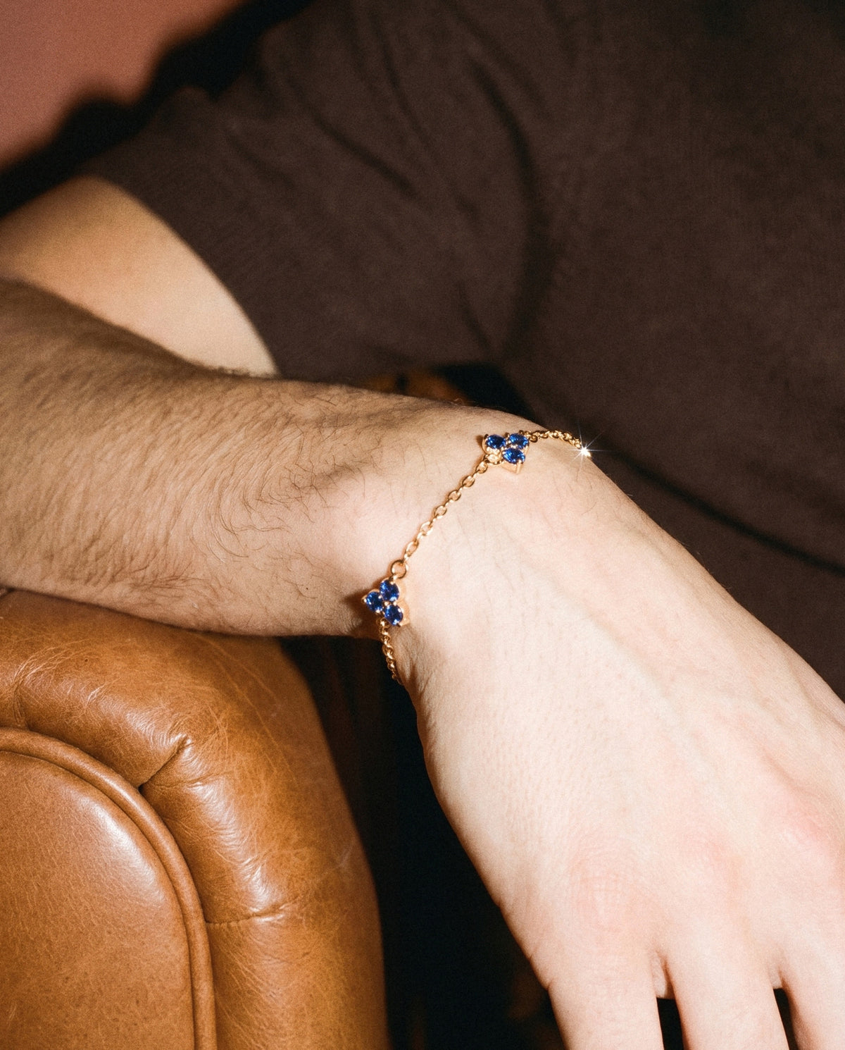 Blue Clover Bracelet (Gold), worn